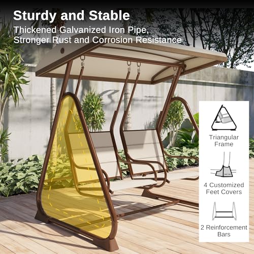 3-Person Outdoor Porch Swing with Adjustable Canopy, Charcoal Black I5878