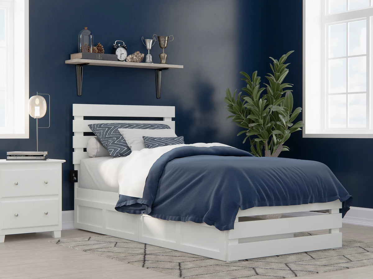 White Twin Extra Long Bed with Footboard and 2 Drawers P734