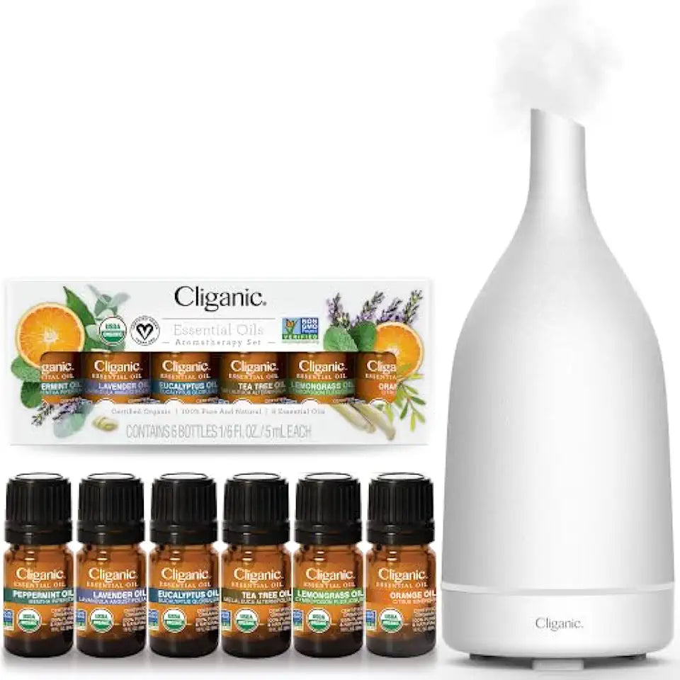 Organic Essential Oils Set with White Ceramic Diffuser L82620