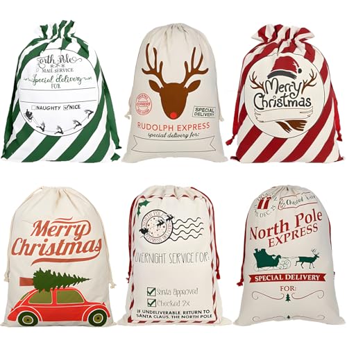 6 Pack Christmas Canvas Gift Bags with Drawstrings B753