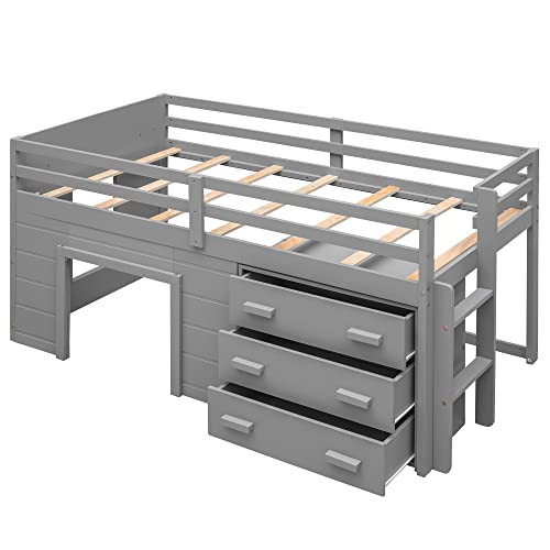 White Full Size Wood Loft Bed with Slide and Drawer Storage T708
