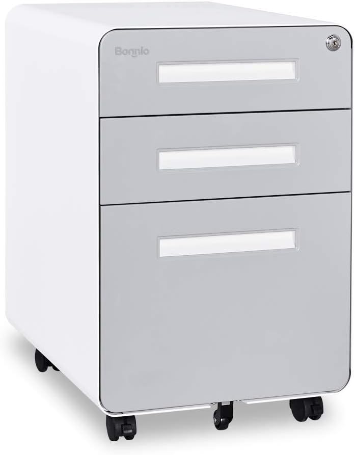 3 Drawer Mobile File Cabinet with Lock, Metal, Black&White D233472