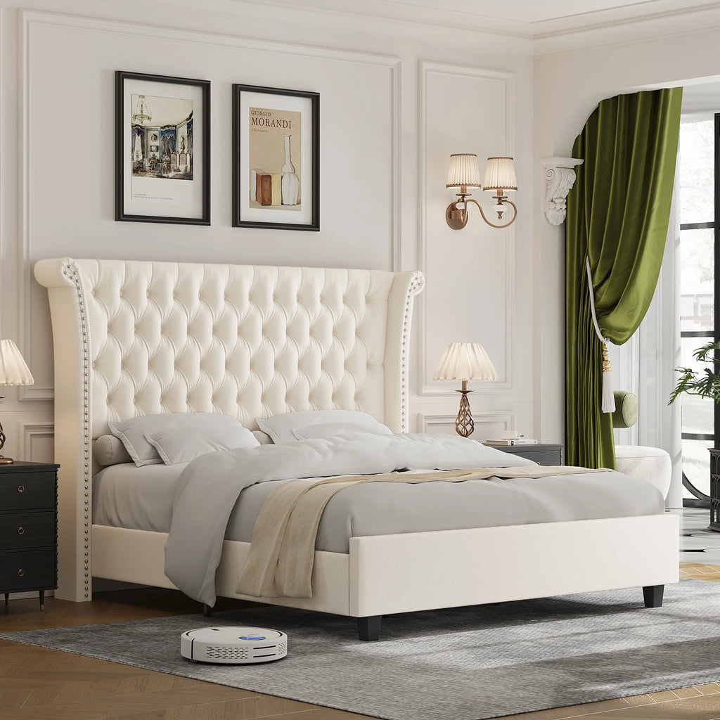Queen Size White Velvet Upholstered Platform Bed O717