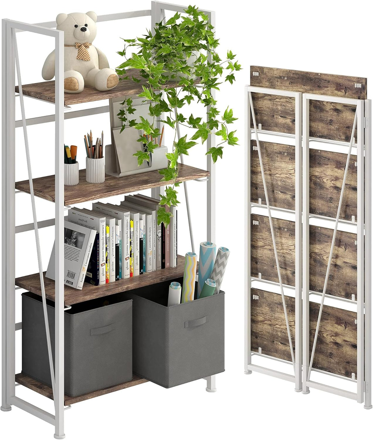 Folding Bookshelf Storage Shelves 5 Tiers with 2 Storage Drawers Brown and Black X718879