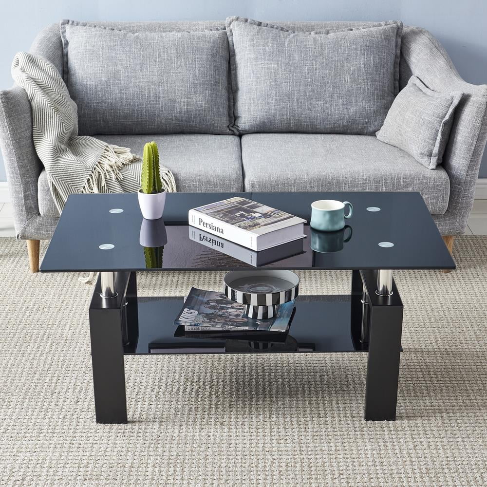 Rectangle Glass Coffee Table with Lower Shelf Metal Legs Z88644