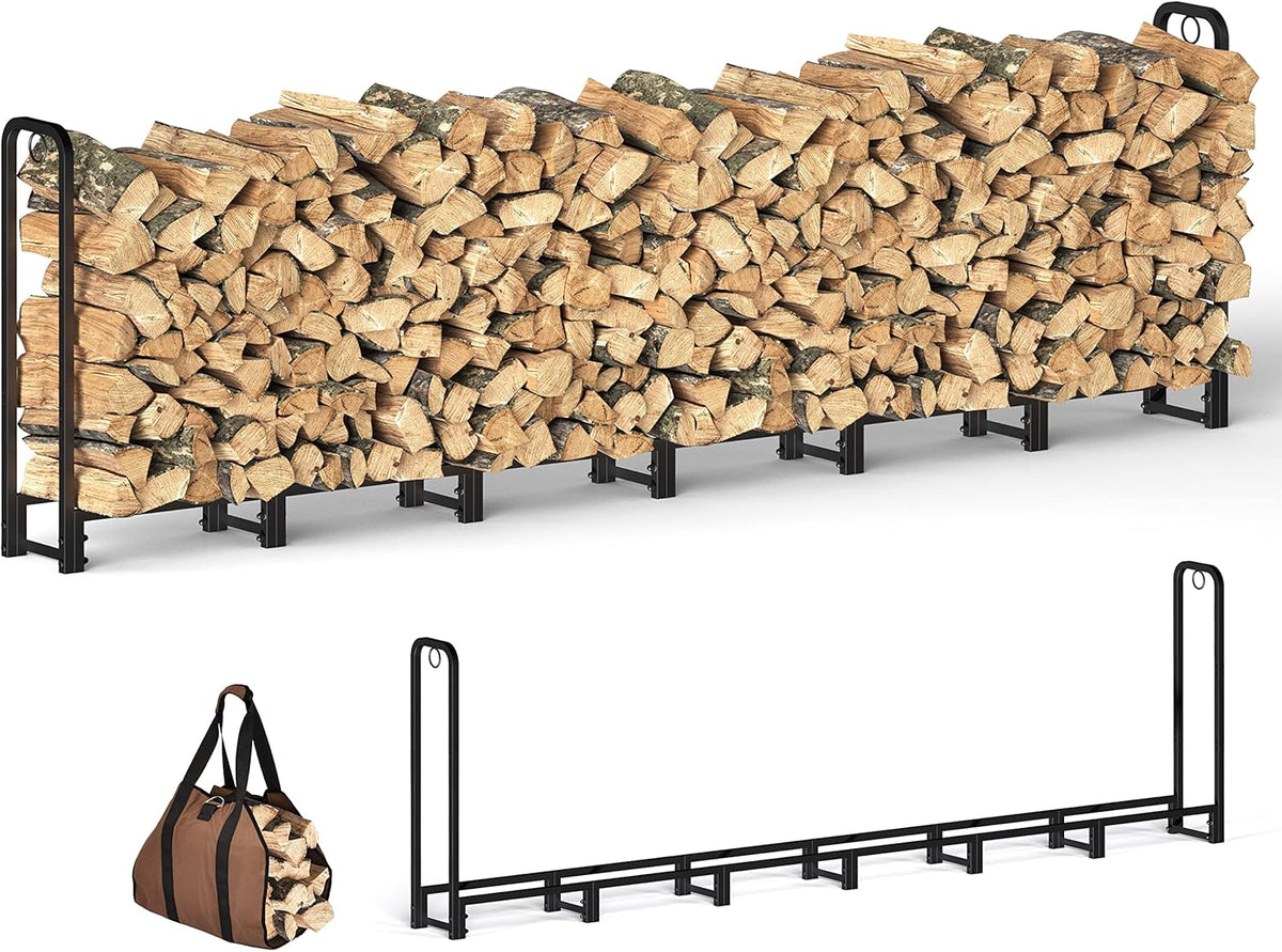 Black Adjustable Firewood Rack with Waterproof Cover Q948742