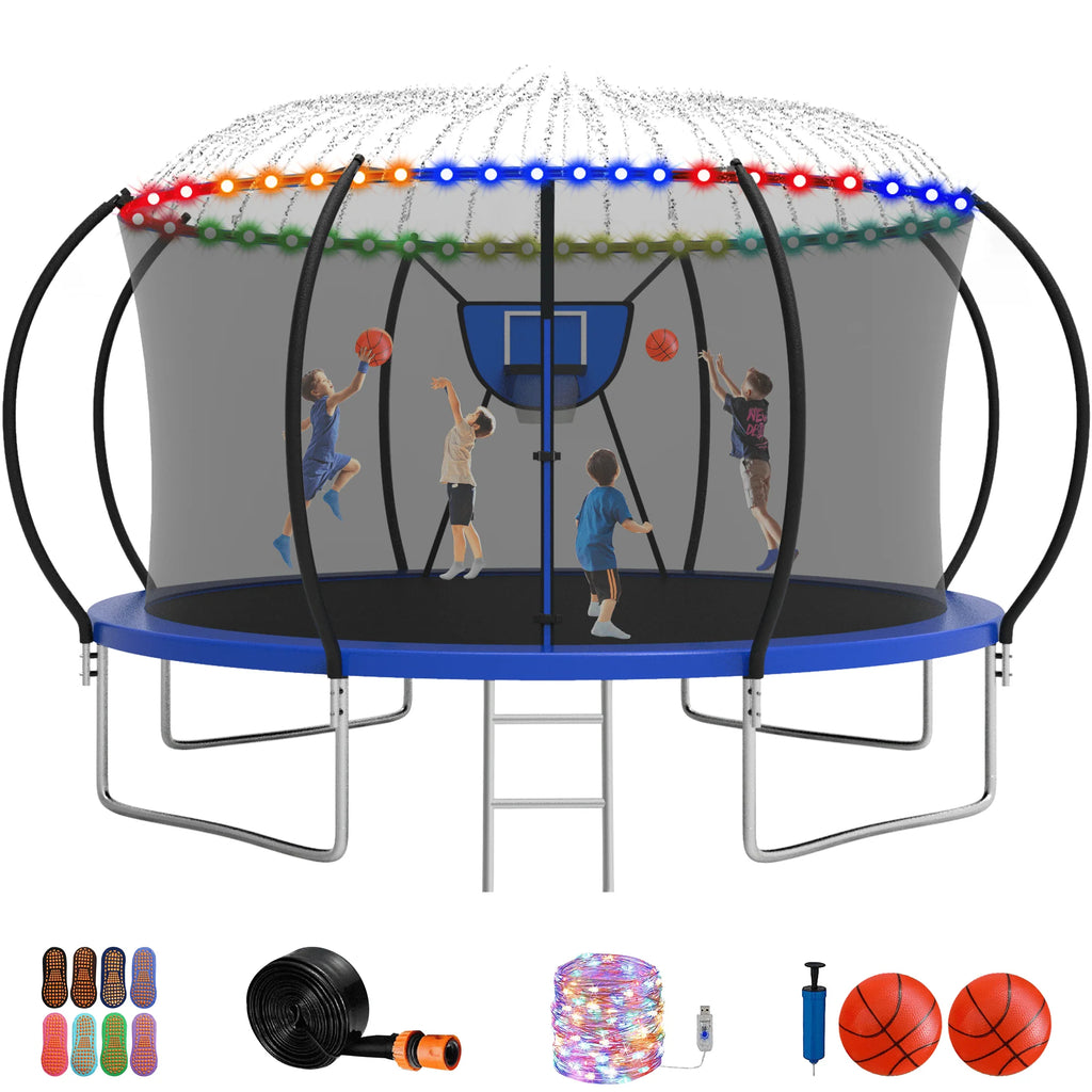 12FT 14FT Trampoline with Enclosure, Basketball Hoop, LED Light and Sprinkler L67613