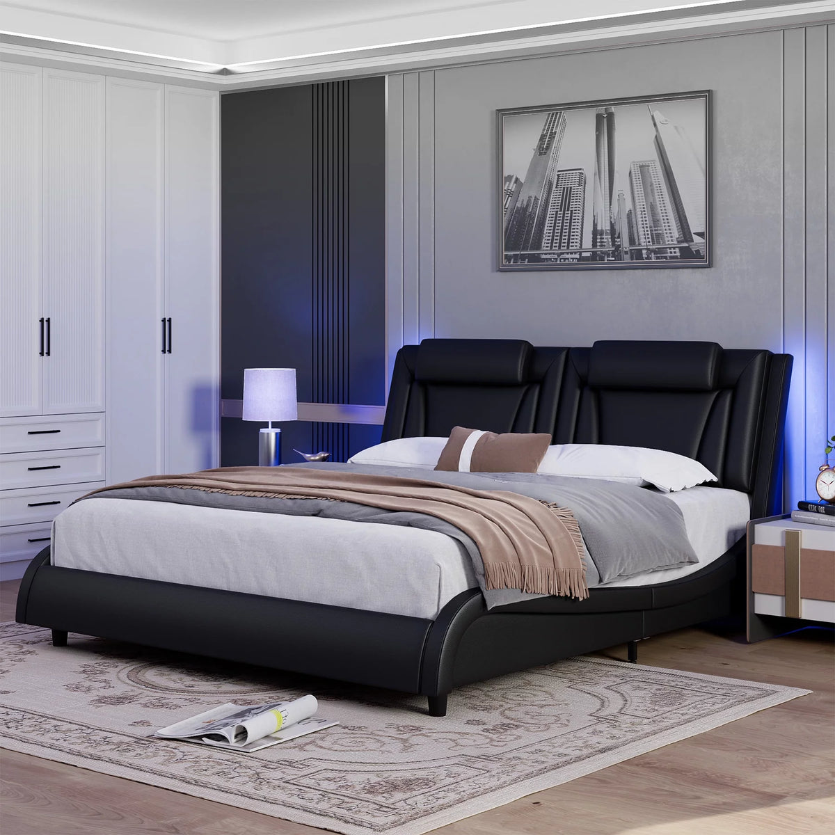 White Queen LED PU Leather Upholstered Platform Bed I869