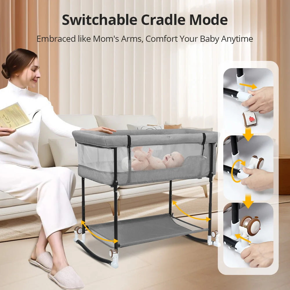 4 in 1 Adjustable Baby Bassinet with Changing Table, Storage Basket, Wheel, Mosquito Net B9678