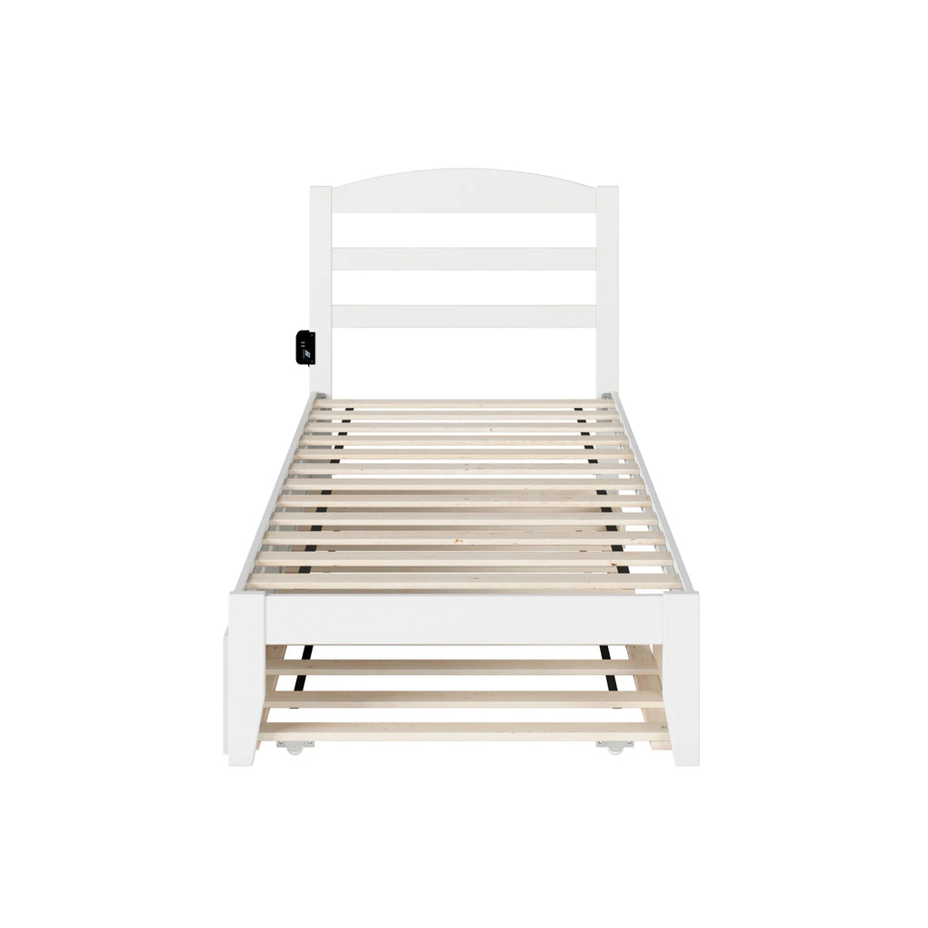 White Solid Wood Twin Bed with Trundle and USB Charger U634