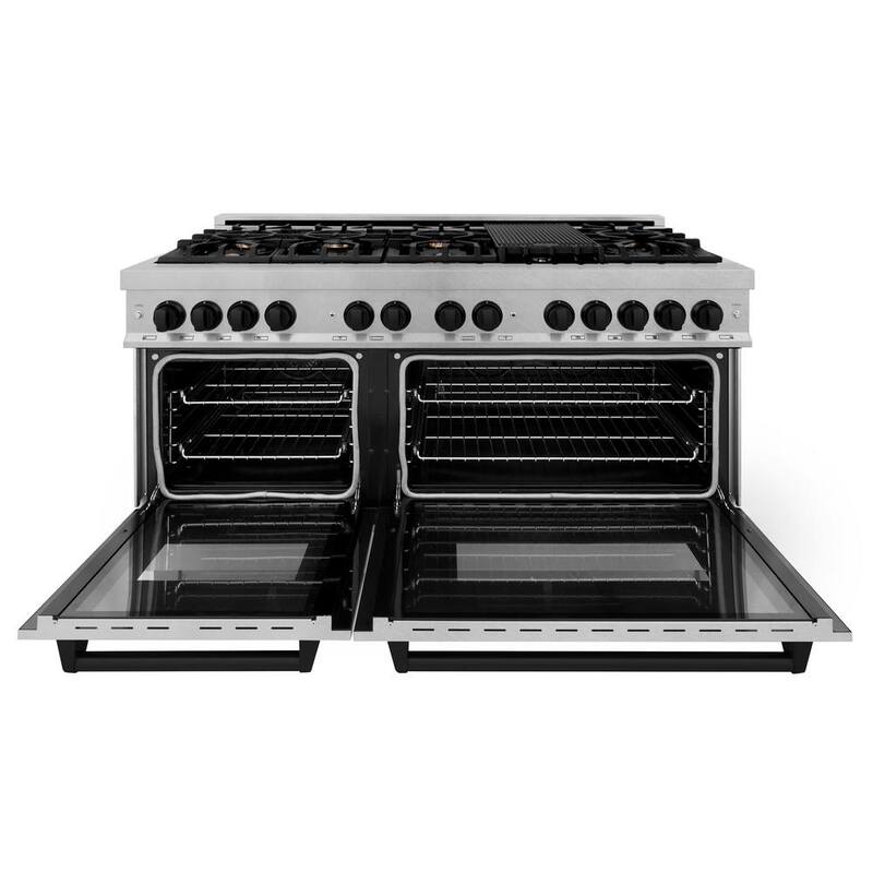 60 in. 9 Burner Double Oven Dual Fuel Range in Stainless Steel and Matte Black M645