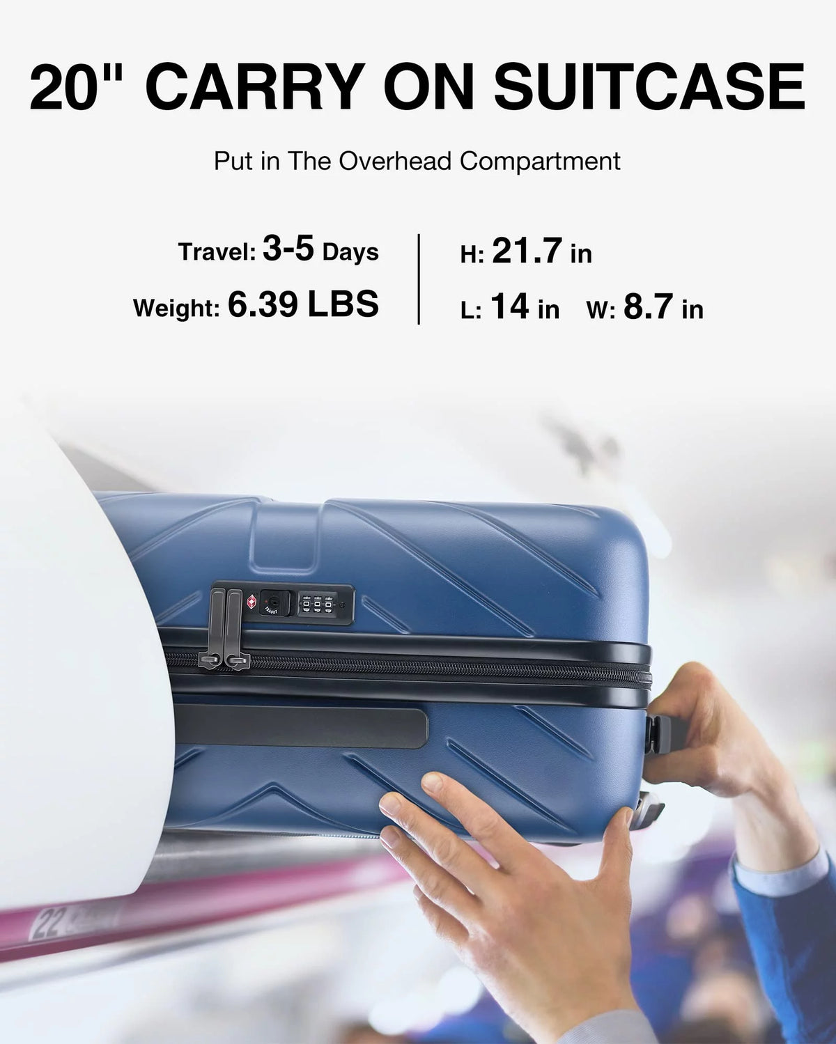Hardside Carry On Luggage, Lightweight PC Suitcase with Spinner Wheels & TSA Lock M7523