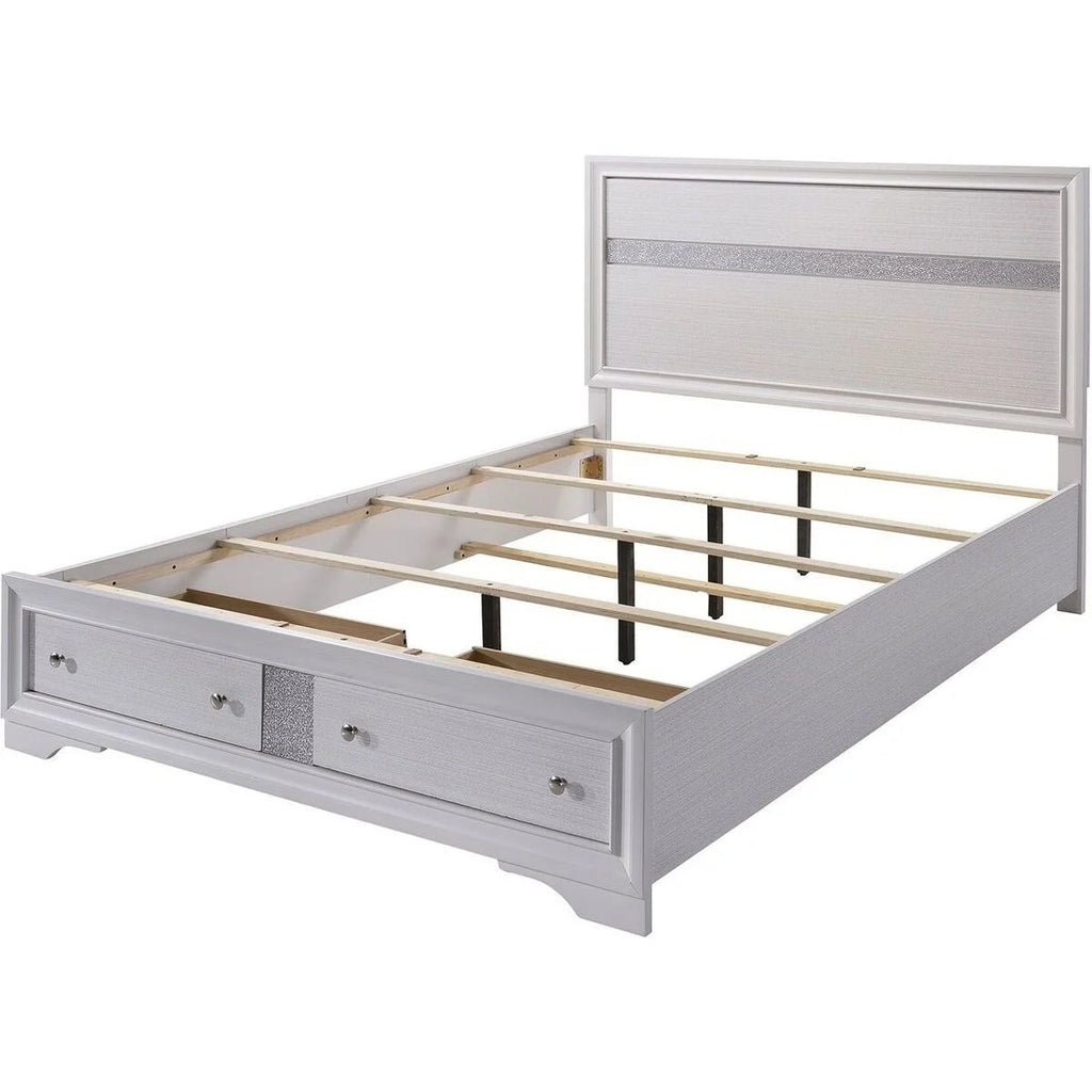 White Panel Design Eastern King Bed with Silver Accents N5370