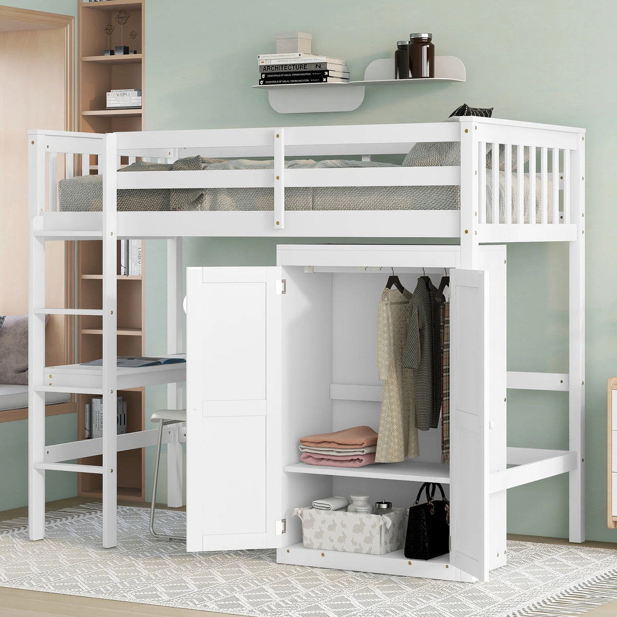 White Twin Loft Bed Frame with Desk and Wardrobe G68091