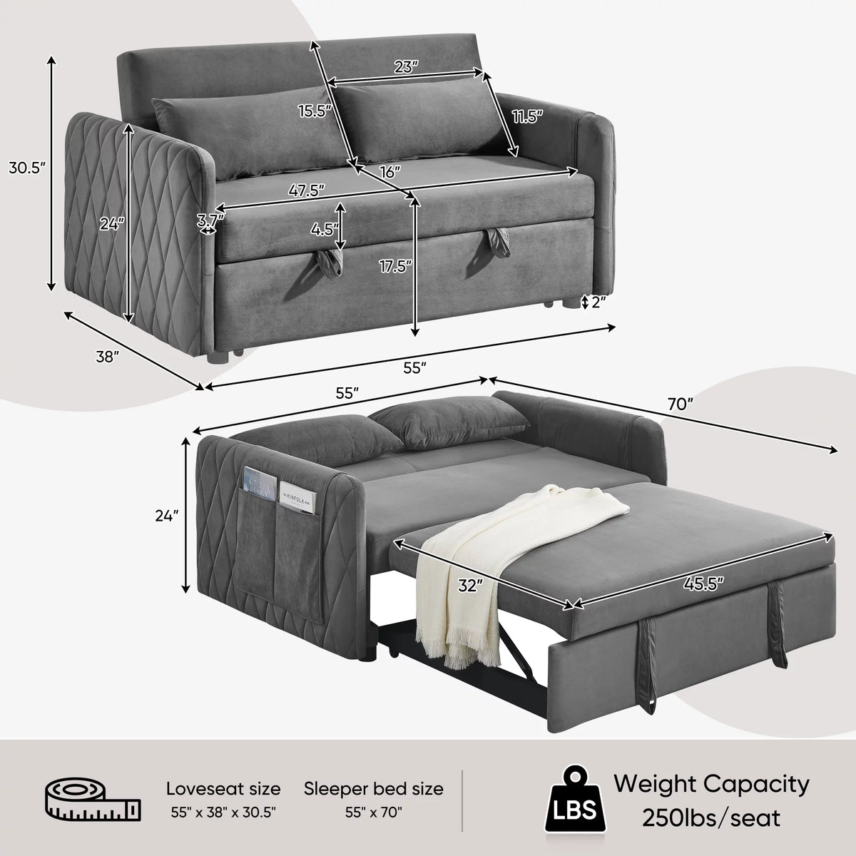 Gray 2-Seat Futon Sofa Bed L18440
