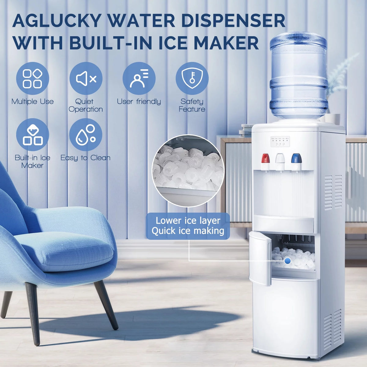 3 in 1 Water Dispenser with Ice Maker, White Z60418
