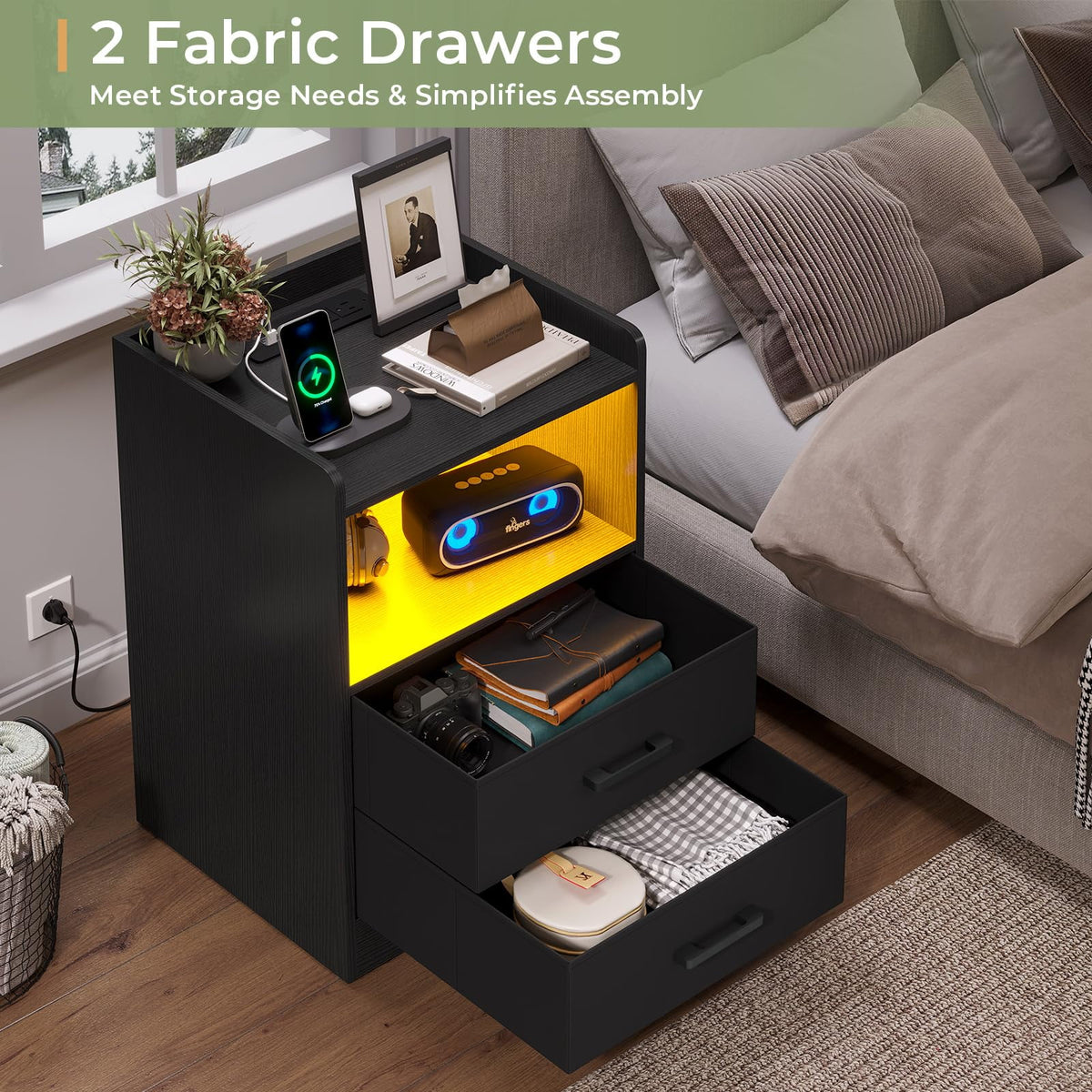 Black Set of 2 Nightstand with Outlets USB Ports LED Lights and 2 Fabric Drawers B529