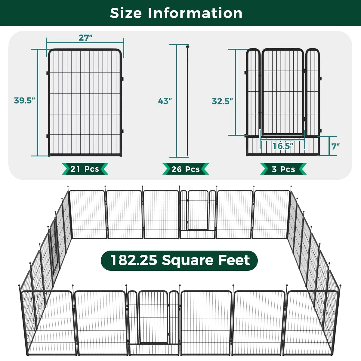 32 Panels 72ft (L)×40in (H) Black Metal Garden Fence with 2 Gates L765786