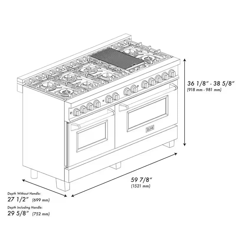 60 in. 9 Burner Double Oven Dual Fuel Range in Stainless Steel and Matte Black M645
