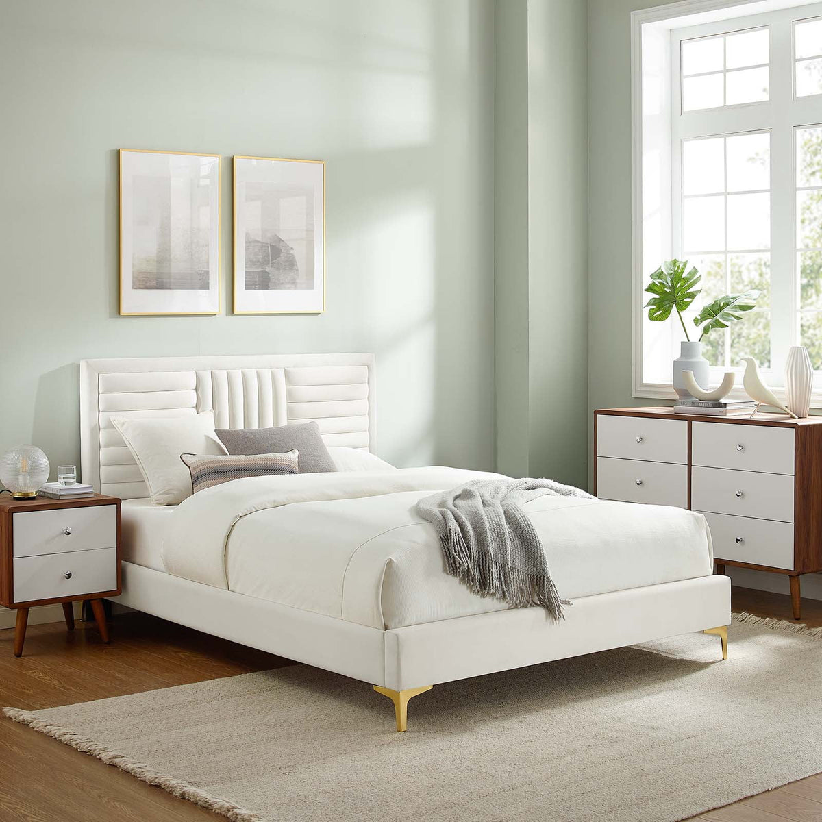 White Channel Tufted Velvet Twin Platform Bed F31697