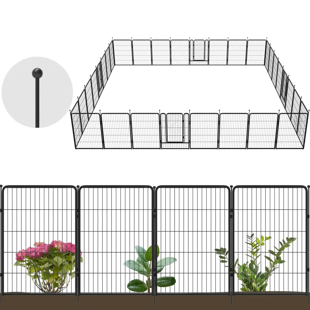 32 Panels 72ft (L)×40in (H) Black Metal Garden Fence with 2 Gates L765786