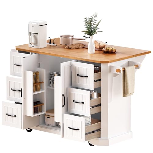 White Rolling Kitchen Storage Island with Power Outlet O1671