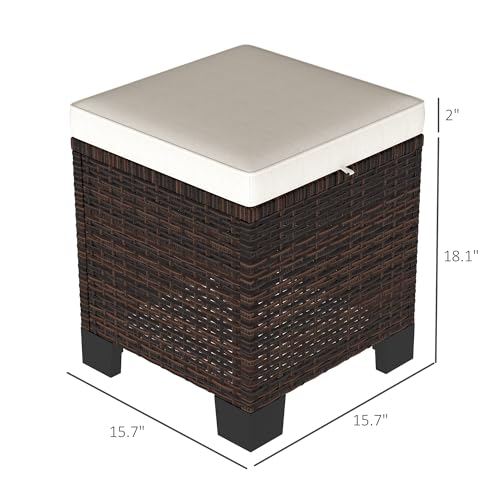 2 Pieces Cream White Wicker Outdoor Ottomans with Removable Cushions J549885