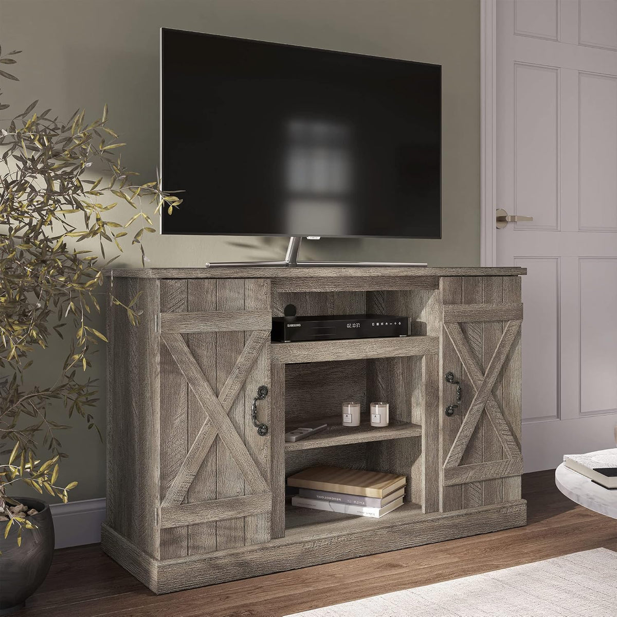 Rustic Wood TV Stand & Media Console Table with Storage Shelves & Cabinets I621386