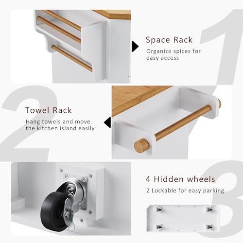White Rolling Kitchen Storage Island with Power Outlet O1671
