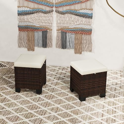 2 Pieces Cream White Wicker Outdoor Ottomans with Removable Cushions J549885