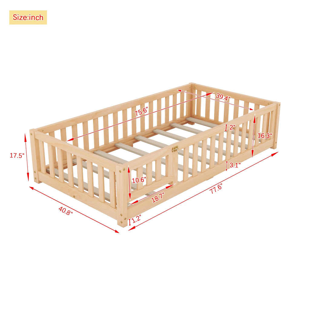Twin Size Wood Floor Bed with Guardrails and Door M36054