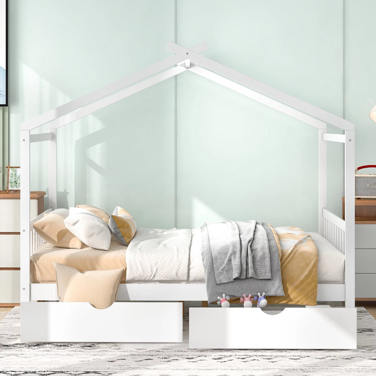 White Full Size Platform Bed with Two Drawers S230
