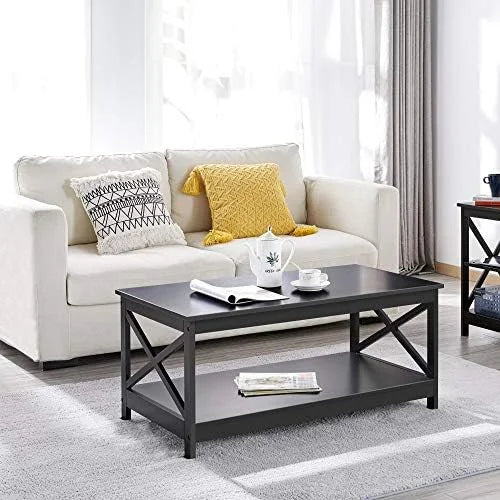 Black 2-Tier Wood Coffee Table 39.5 x 21.5 x 18 Inches R147518