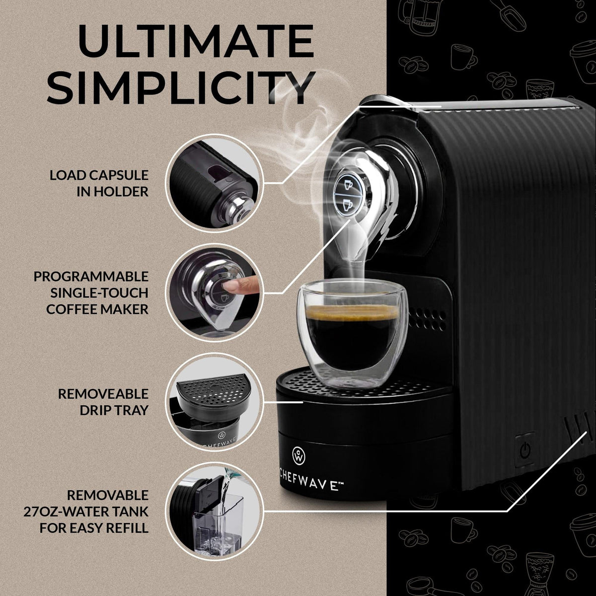Black Espresso Machine with Holder and Cups C852