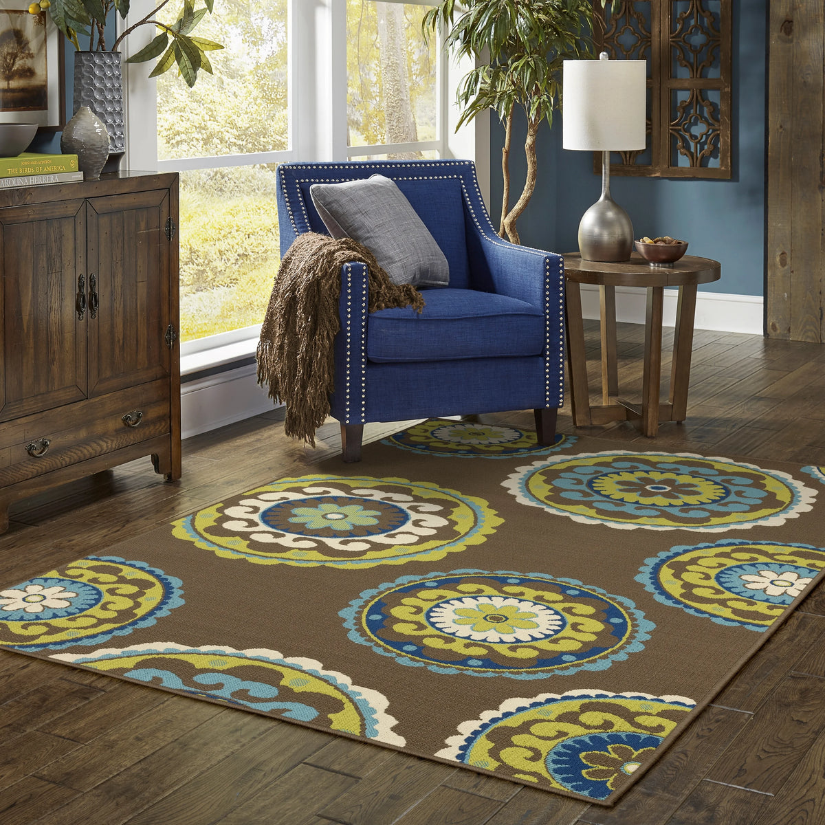 Brown Green Floral Medallions Indoor Outdoor Area Rug 5'3" x 7'6" X457827