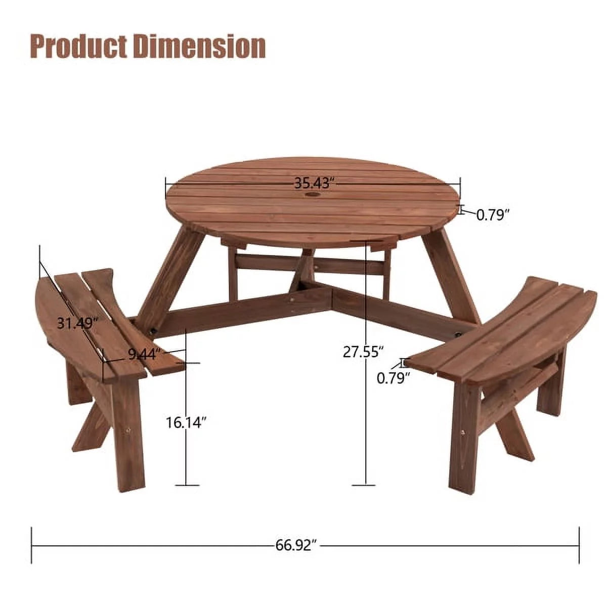 6-Person Circular Wooden Picnic Table with 3 Built-in Benches Z70216