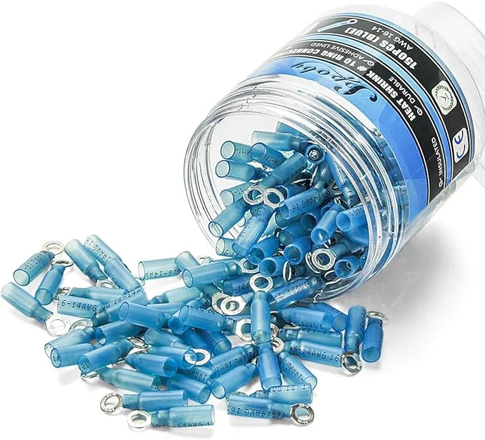150PCS Heat Shrink Crimp Ring Connectors #10 Blue 16-14 AWG Q72818