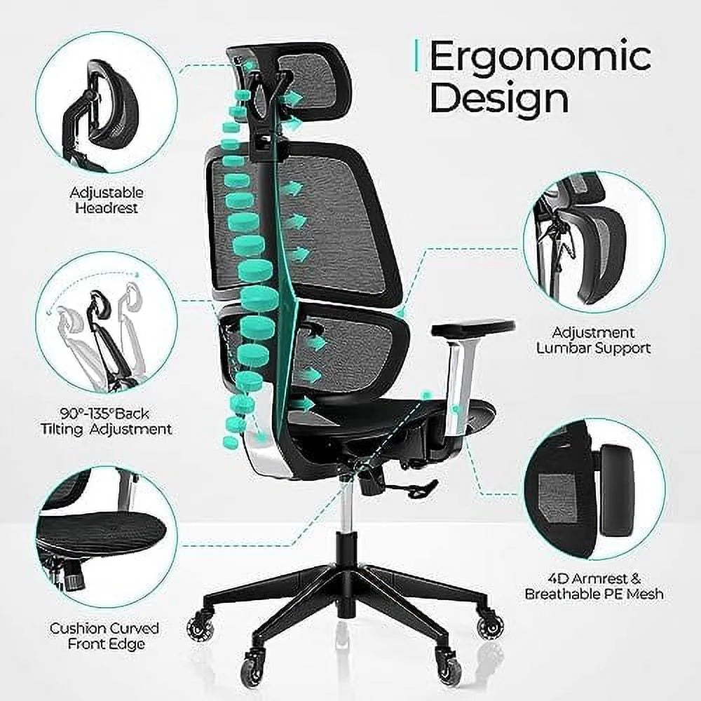 Black High-Back Ergonomic Mesh Office Chair with Headrest and Arms A49952