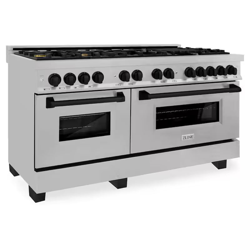 60 in. 9 Burner Double Oven Dual Fuel Range in Stainless Steel and Matte Black M645