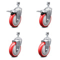 Polyurethane Swivel Threaded Stem Caster Set of 4 with 5 inch Red Wheels A2780