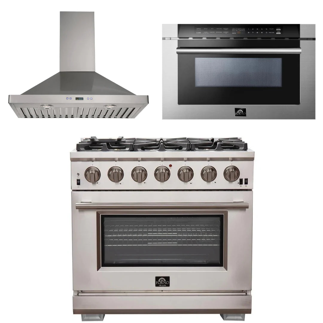 36 Inch Pro Gas Range, Wall Mount Range Hood, Microwave Drawer C26888