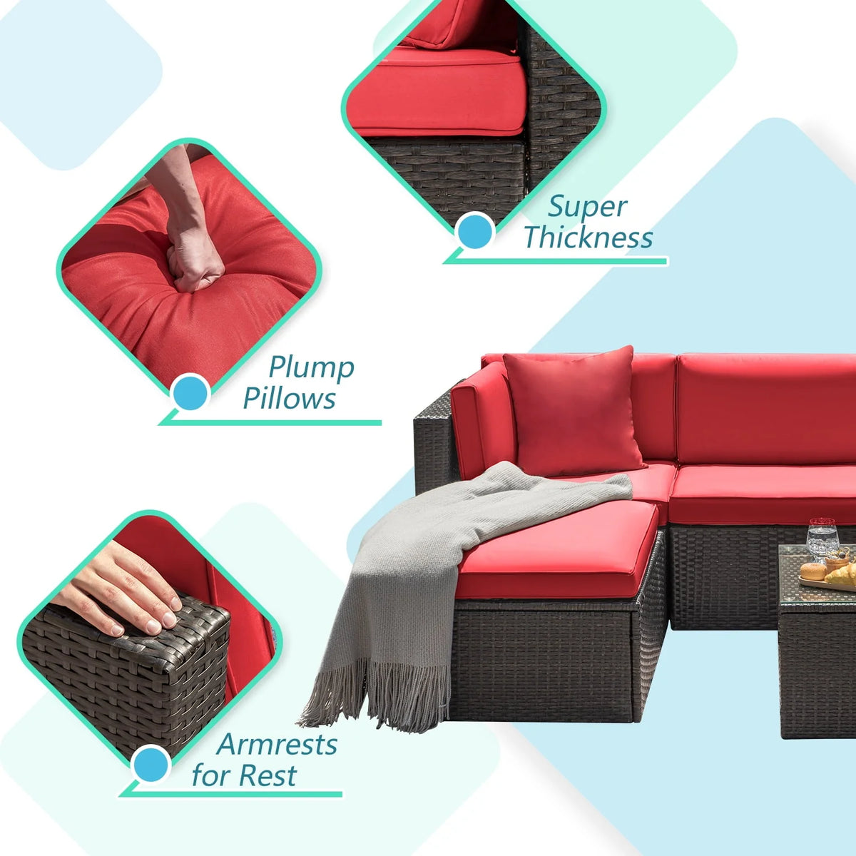 5 Pieces PE Rattan Wicker Patio Sectional Set with Table N20693