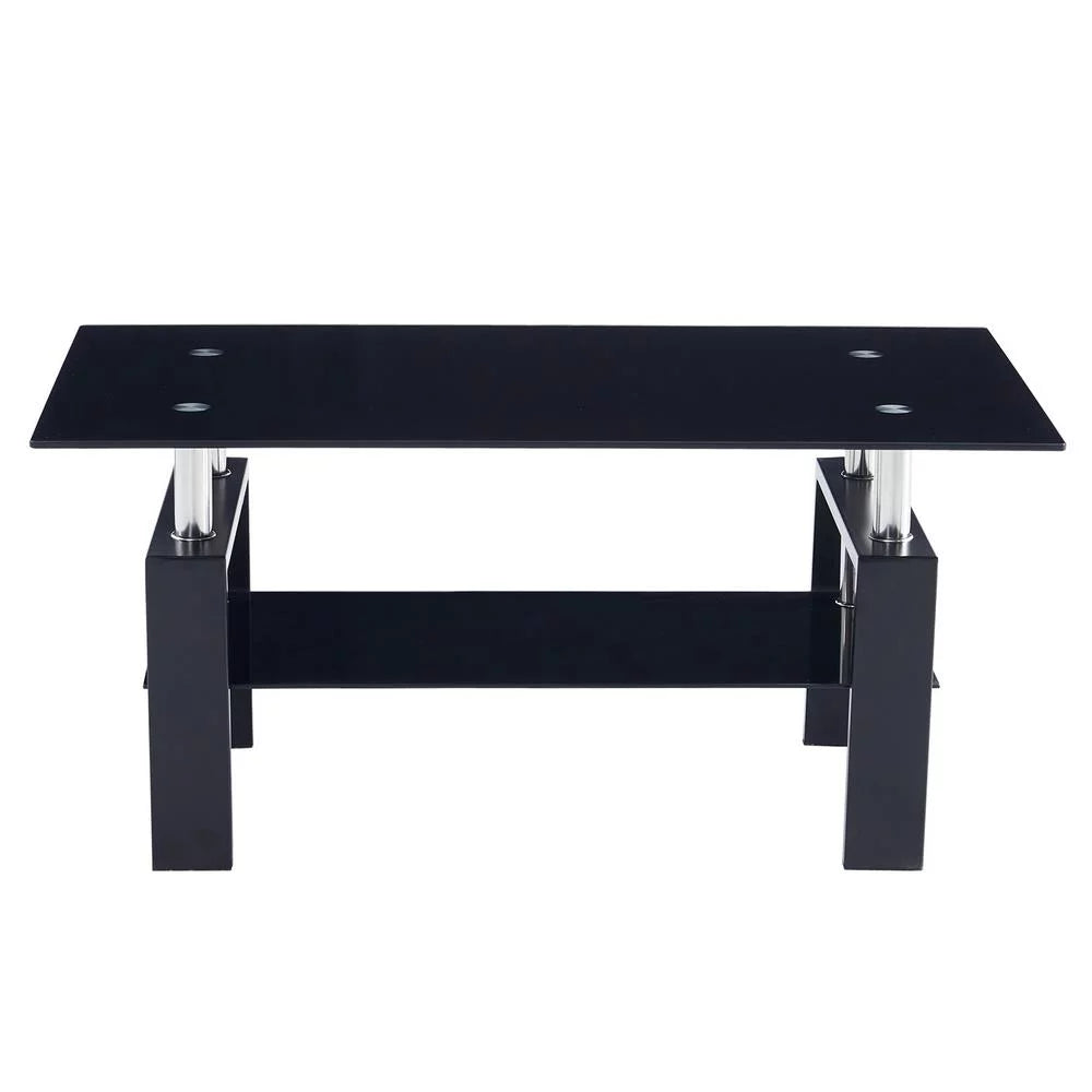 Rectangle Glass Coffee Table with Lower Shelf Metal Legs Z88644
