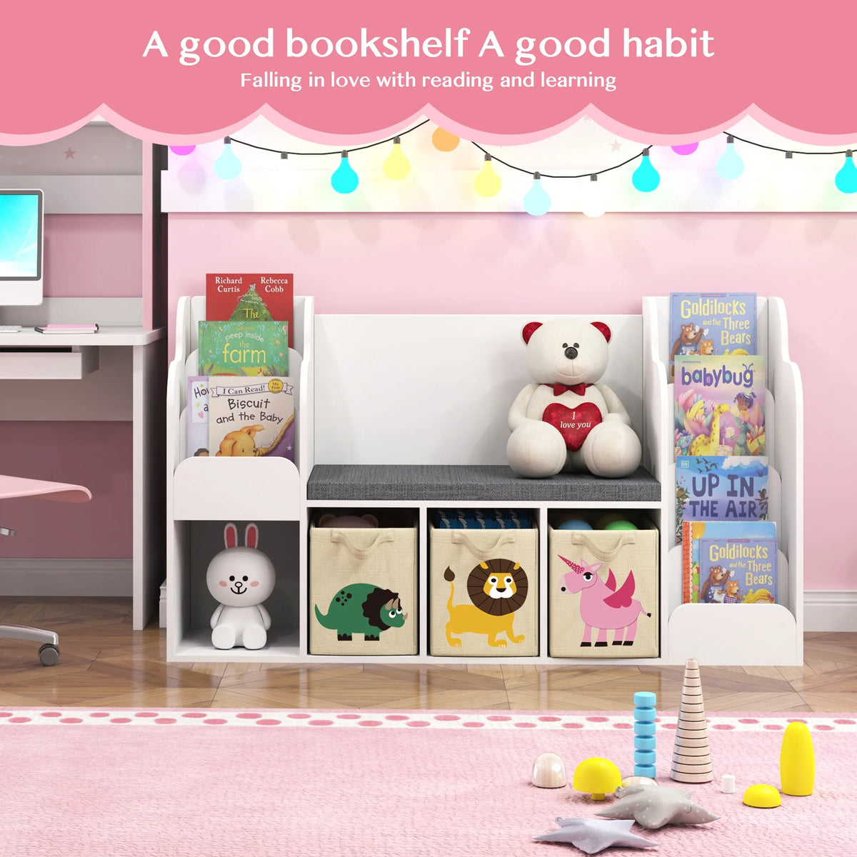 Kids Bookshelf with Reading Nook and Toy Storage I536189