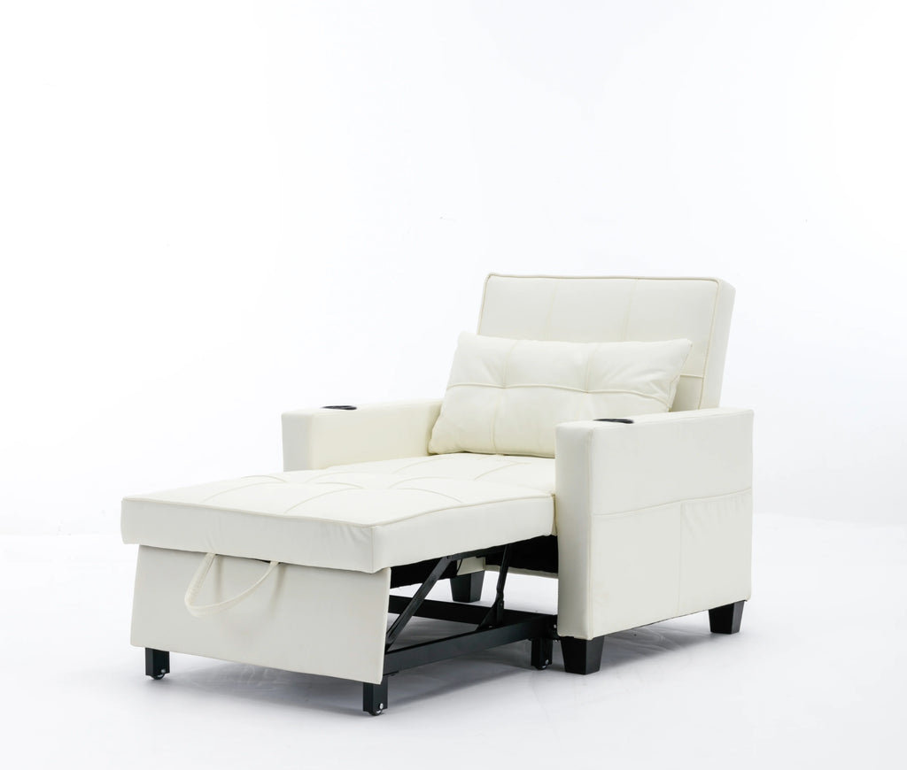 White Leather 3-In-1 Convertible Sleeper Chair Bed with USB Ports E97273