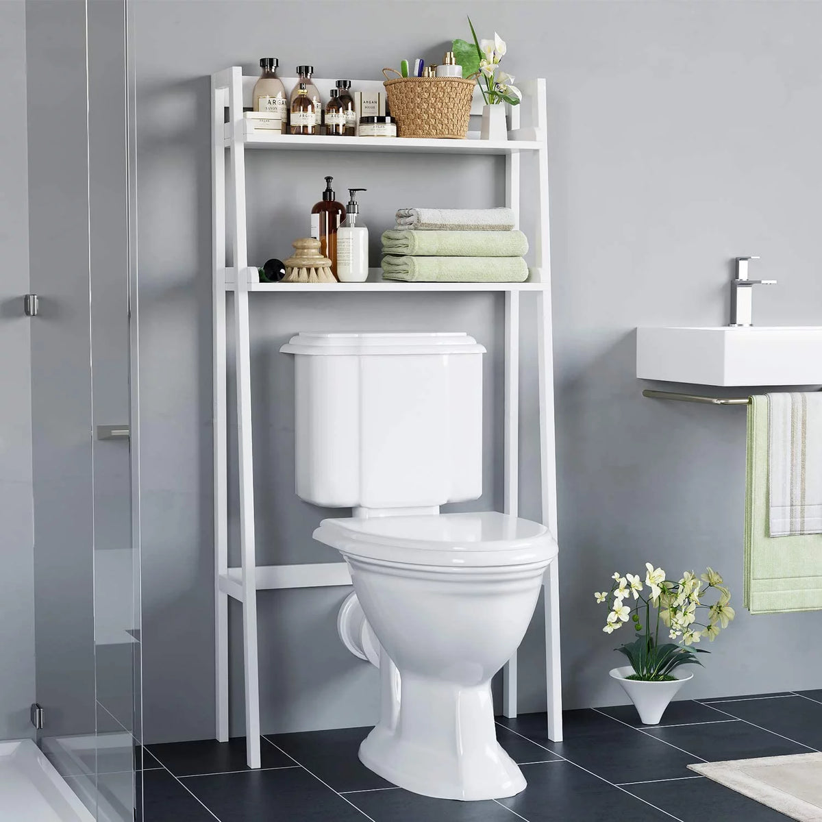 2-Tier White Over the Toilet Bathroom Shelf M94050