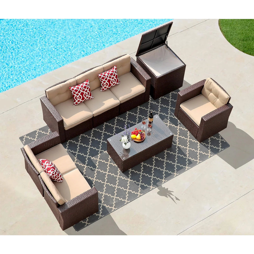 8 Pc Wicker Rattan Outdoor Furniture Set with Storage Box J65511