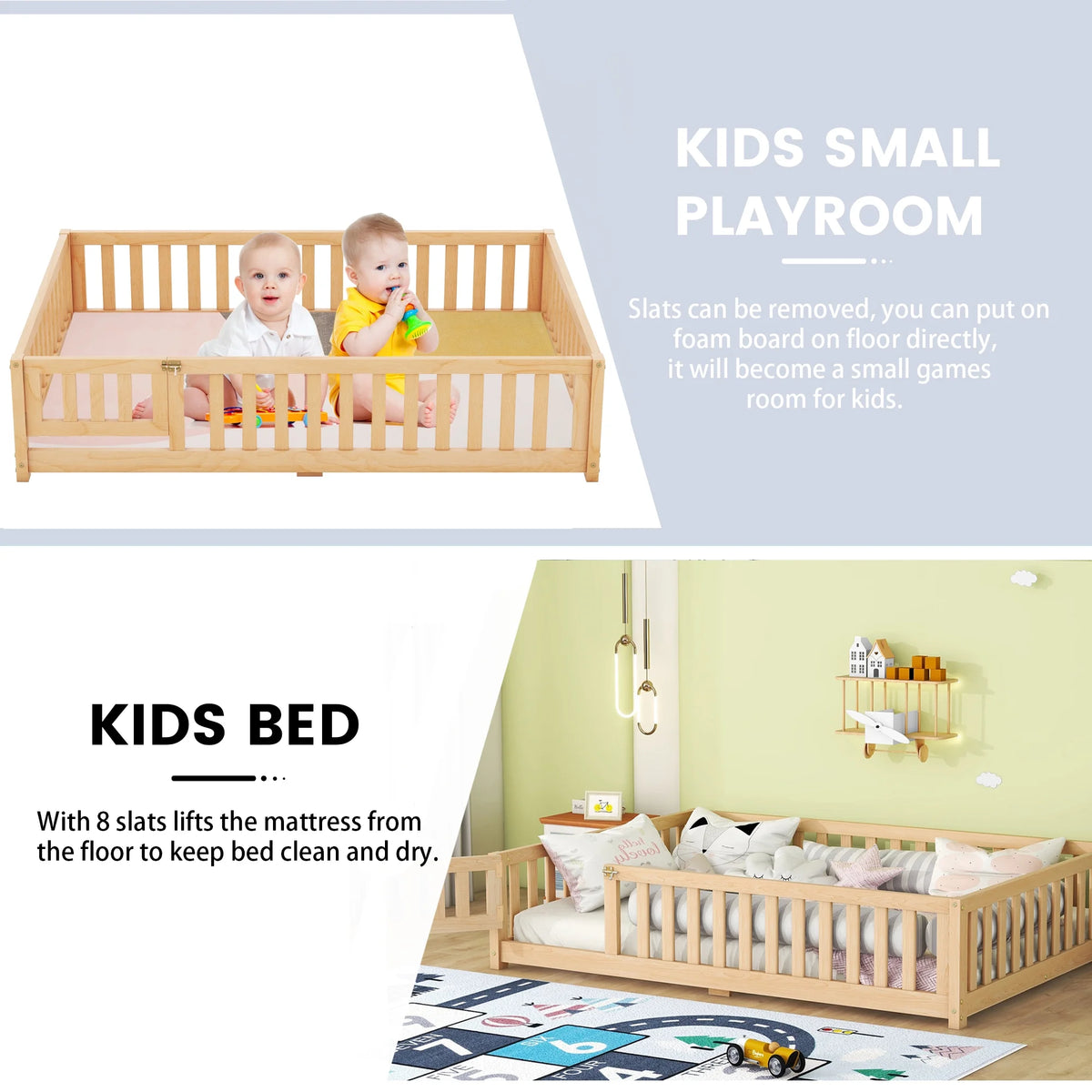 Twin Size Wood Floor Bed with Guardrails and Door M36054