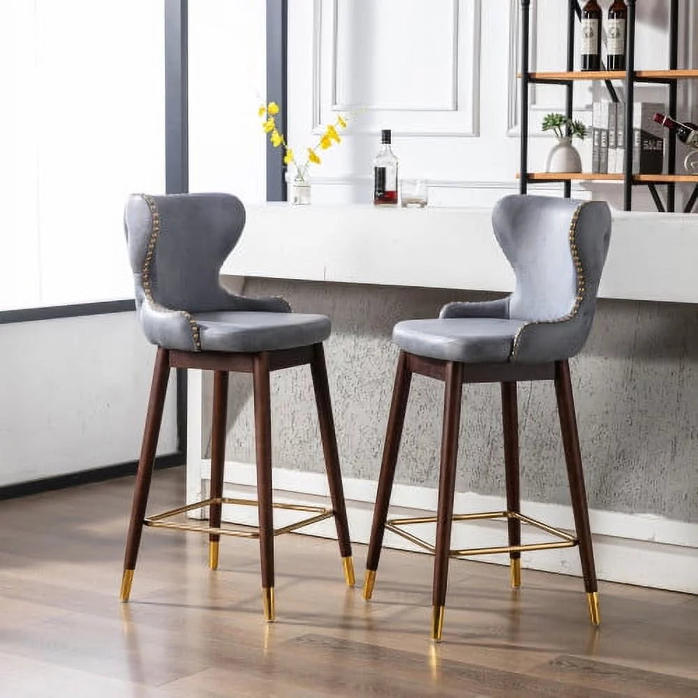 Leather Fabric Bar Chairs Set of 2 with Metal Legs L78652