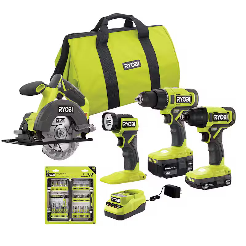 18V Cordless 4-Tool Combo Kit with Batteries, Charger, and 50-Piece Driving Kit B521889